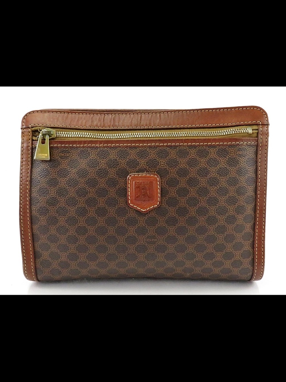 Celine Brown Monogram Canvas Toiletry Pouch with Tan Leather Trim